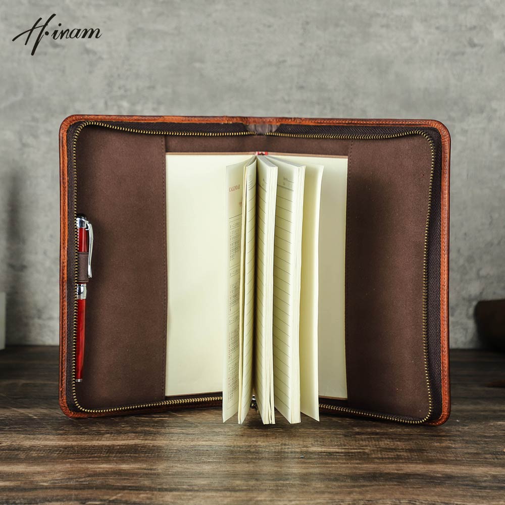 Journal Leather Hardcover - Retro couro genuíno zíper embreagem a5
